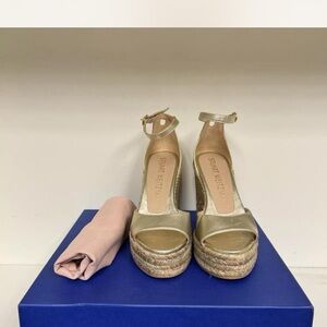 Stuart Weitzman Gold Metallic Leather Espadrille Wedge Sandals Platform Heels